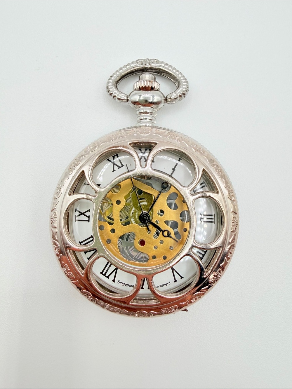 Skeleton Pocket Watch Silver Tone Mechanical Style Working